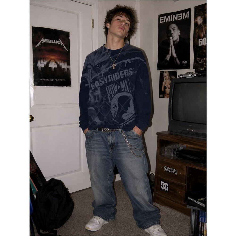 Y2K Easy Riders Pow Mia Navy Blue Eagle Motorcycle All Over Print Long Sleeve M